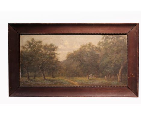 19th C. American School Wooded Landscape Painting. Pencil Inscription verso. Oil on board. Sight size: 10 x 20 in. Overall Si