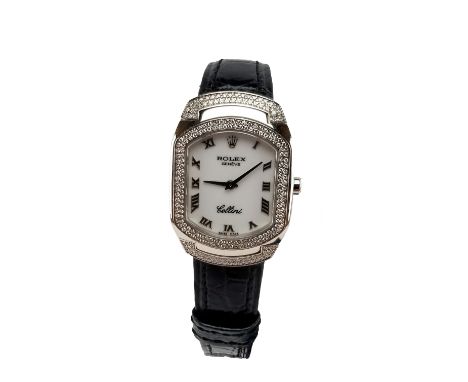 18K White Gold Cellini Cellissima Diamond Ladies Rolex. Mother of pearl dial with silvered roman numerals. Watch comes with o