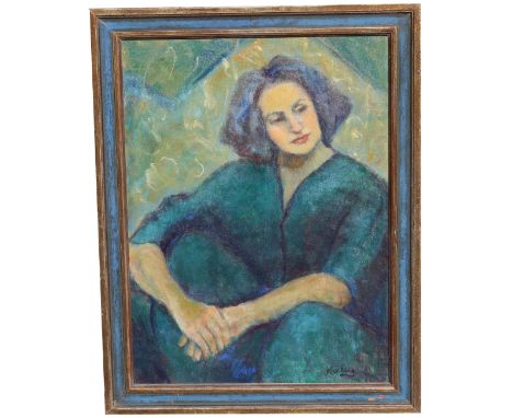 Signed, Vintage American School Portrait of Woman. Indistinctly signed lower right. Oil on canvas. Sight Size: 23.25 x 17.25 