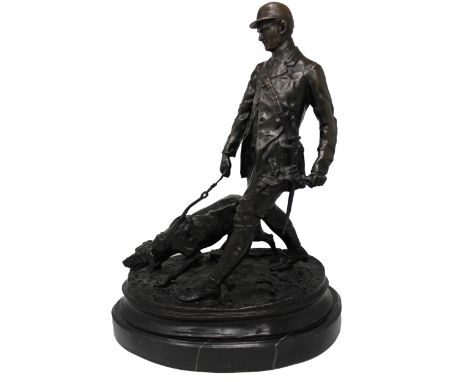 Signed PJ Mene Bronze Hunter &amp; Bloodhound on Marble Base. Inscribed on base. Overall Dimensions: 18.75 x 14 x 8 in.