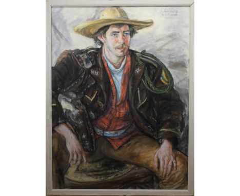 Sheldon Schoneberg (Illinois, California, 1926 - 2012) Red Eyed Cowboy portrait. Mixed media. Signed and dated upper right co