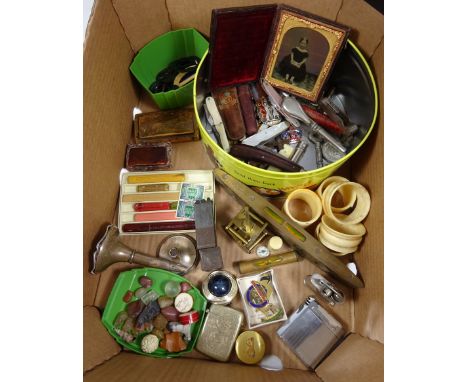 Set of nine numbered steel punches, Soviet Union CCCP enamel badge, pen knives, pin badges and similar items in one box   Con
