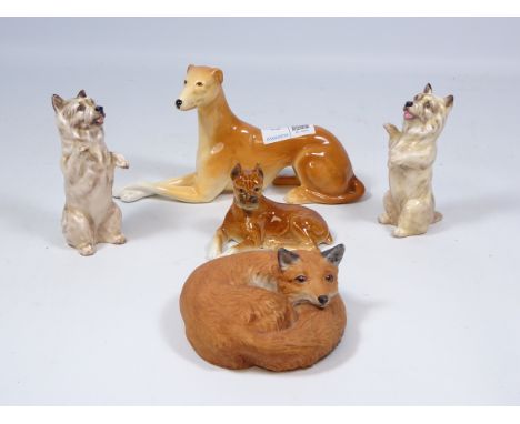 Two Royal Doulton Cairn Terriers, Goebel Boxer, Aynsley Red Fox and a Greyhound (5)   Condition Report   Click here for furth