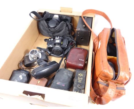 Pentax MV1 camera with additional lenses, Minolta 110 zoom camera, Yashica camera, Lumix digital camera and other vintage cam