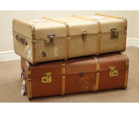 Two early 20th century vintage wooden bound travelling trunks with various stickers and labels   Condition Report   Click her
