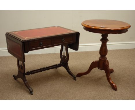 Mahogany drop leaf sofa table (66cm x 40cm, H54cm), mahogany circular occasional table   Condition Report   Click here for fu