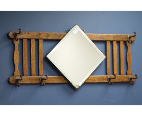 Early 20th century wall hanging coat rack with mirror, W93cm   Condition Report   Click here for further images, condition, a