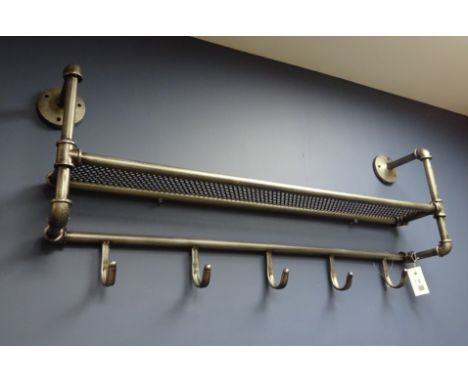 Industrial style metal tubular wall rack with coat hooks, W100cm   Condition Report   Click here for further images, conditio