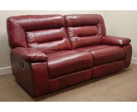 Large two seat manual reclining sofa (W205cm), and matching electric reclining armchair (W106cm), upholstered in red leather 