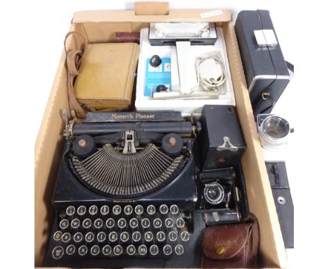 Monarch Pioneer typewriter, small Zeiss Icon camera, Pathescope camera and other vintage camera equipment in one box   Condit
