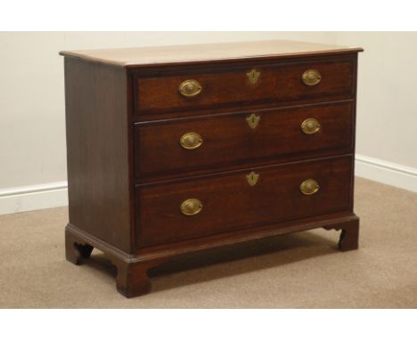 George III oak three drawer chest, mahogany banded drawer fronts, bracket feet, W110cm, H85cm, D54cm   Condition Report   Cli