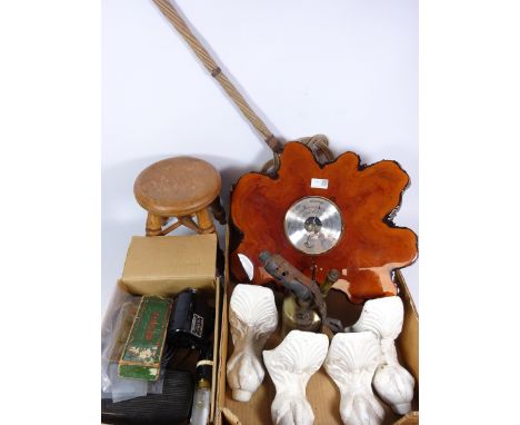 Barometer in rustic wooden frame, cast iron claw bath feet, elm stool, Singer sewing machine parts and miscellanea Condition 