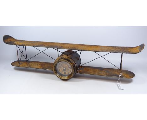 Industrial style aeroplane wall clock with hanging hooks, W96cm   Condition Report   Click here for further images, condition
