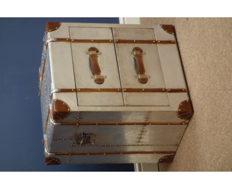 Aluminium and wooden bound two drawer 'travelling trunk' chest, W52cm, H60cm, D43cm   Condition Report   Click here for furth