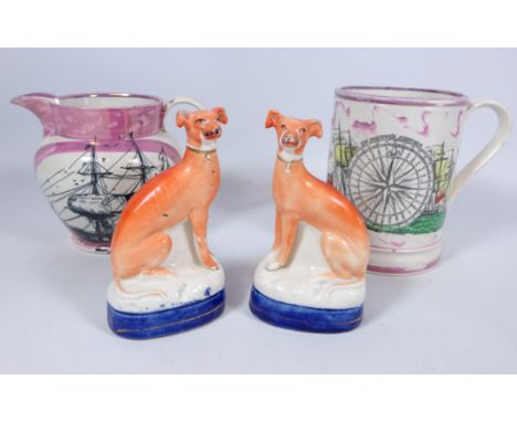 19th Century Sunderland pottery mug 'The Mariner's Compass', Sunderland pottery jug and a pair of Victorian Staffordshire gre