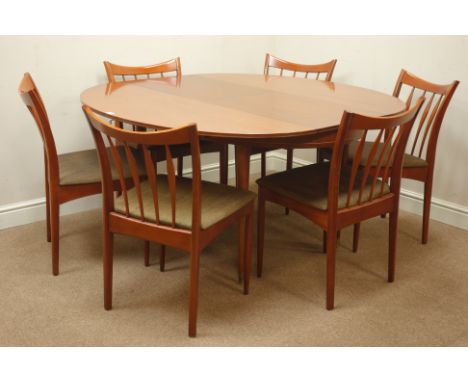 Vintage 'Greaves & Thomas' teak oval extending dining table with foldout leaf (H73cm, 138cm x 97cm - 143cm (extended)), six d