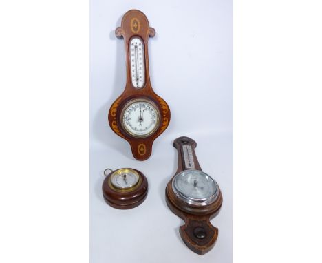 Edwardian inlaid aneroid barometer, oak barometer/ thermometer and one other small barometer (3)   Condition Report   Click h