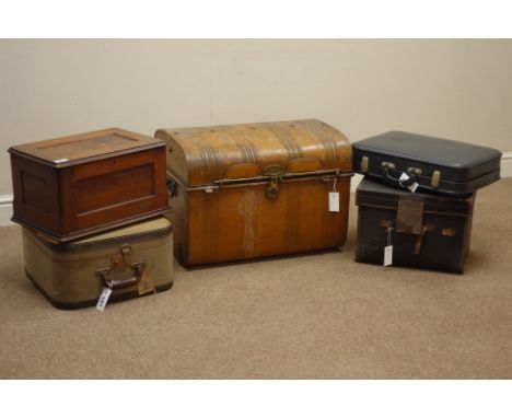 Early 20th century 'Williamson's' scumbled metal travelling trunk, early 20th century walnut box with hinged lid and three va