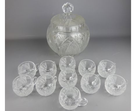 Bohemian cut crystal lidded punch bowl with eleven matching cups (12)