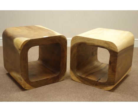 Pair hardwood curved cube bedside/lamp tables, W45cm, H45cm, D45cm   Condition Report   Click here for further images, condit