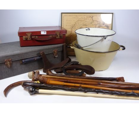 Collection of 19th Century and later walking sticks one with hallmarked silver handle, two enamelled buckets, two vintage tra