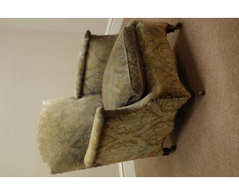 Late Victorian beech framed shaped armchair, tapering feet with ceramic castors, back leg stamped '6378', W70cm   Condition R