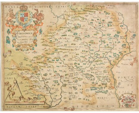 Hertfordshire. Saxton (Christopher), Hartforddiae comitatus nova vera ac particularis descriptio, circa 1579, engraved map by