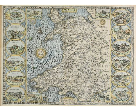 *Wales. Speed (John), Wales, published John Sudbury &amp; George Humble, circa 1627, hand coloured engraved map, large compas