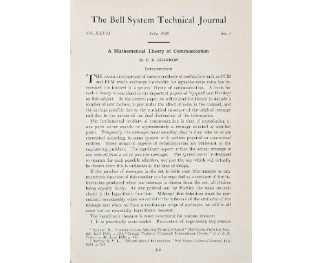 Shannon (Claude Elwood). 'A mathematical theory of communication', [in:] The Bell System Technical Journal, volume 27, nos. 3