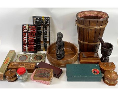 A collection of miscellaneous items including teak bowl, abacus, draughts game and other items 