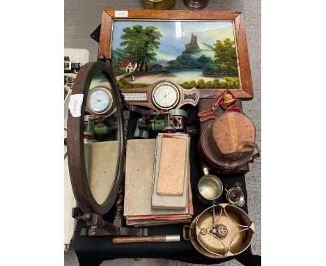 A collection of miscellaneous items including a meerschaum pipe, reverse glass painted scene, Mamod steam engine and other it