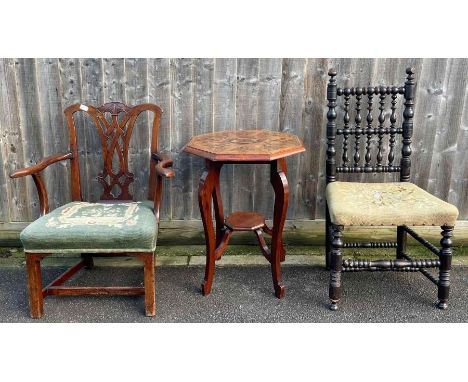 A 19th century inland marquetry table, 71cm high, 55cm diameter, along with an open armchair and bobbin chair 