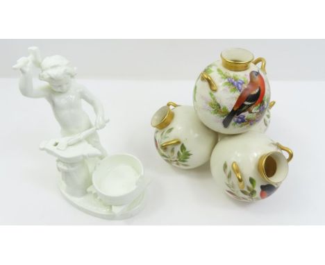 A Royal Worcester orb vase, decorated with birds, flowers and plants, along with a Minton salt cellar