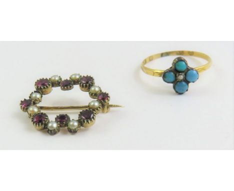 A late Victorian turquoise, simulated turquoise and seed pearl ring, the stones set in a cruciform shape, the slim band patte