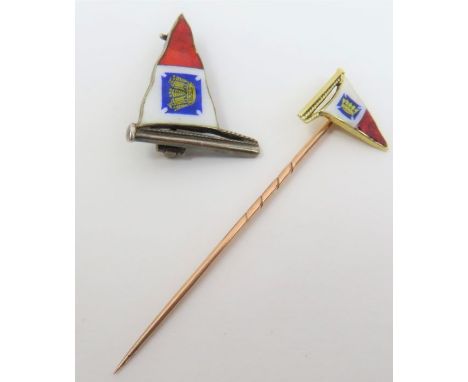 An enamelled Royal Cruising Club stick pin, marked '14k', together with a Royal Cruising Club enamelled badge, marked 'silver