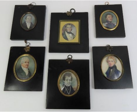 A collection of six 18th and 19th century portrait miniatures, each depicting a male figure, in ebonised frames