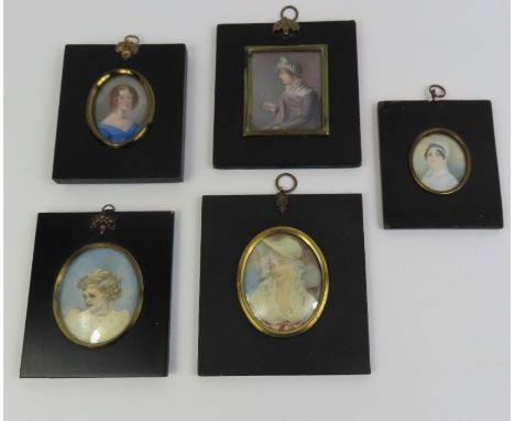 A collection of five 18th and 19th century portrait miniatures, each in black ebonised frames 