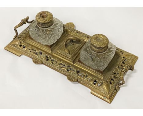 EARLY BRASS INKWELL/STAND SERPENT DESIGN