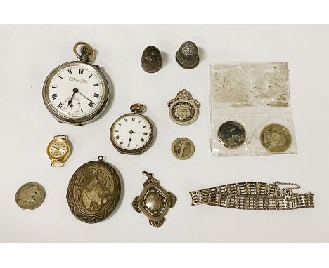 TWO SILVER POCKET WATCHES &amp; ANOTHER WITH A LADIES WATCH &amp; SILVER GATE BRACELET ETC