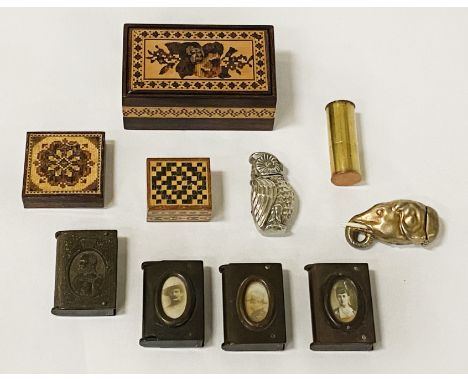 COLLECTION OF VESTAS IN BAKELITE WITH MARQUETRY BOXES &amp; 2 OTHER VESTAS &amp; A BRASS LIGHTER