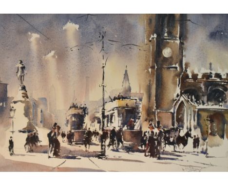 Trevor Lingard (British contemporary) watercolour, bustling cityscape of yesteryear, signed lower right, within a silvered ed
