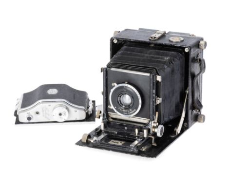 A Linhof Technika Large Format Folding Camera black, 1936-45, 9 x 12cm format, with a Meyer Görlitz Weitwinkel (wide angle) A