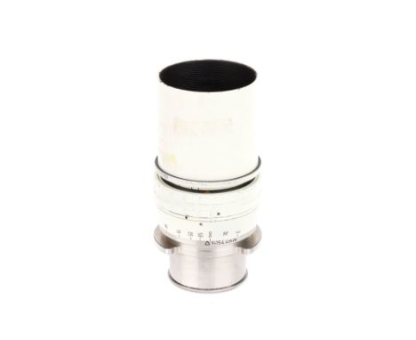 A Kinoptik Paris T/2.5 150mm Camera Lens, white, serial no. 71093, body G, aperture blades move freely, focussing ring moves 