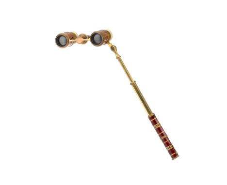 A Good Pair of Enamel &amp; Mother of Pearl Opera Glasses, French, c.1880, stamped Made in France, finished in brass, MOP, an