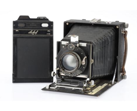 A Linhof Technika Large Format Folding Camera, black, 1936-45, 10 x 15 cm format, serial no.16375, with a Hugo Meyer Plasmat 