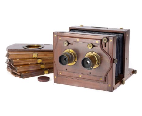 A Mid 19th Century Stereo Tailboard Camera, English, c.1870, unsigned, constructed of French polished mahogany, with square e