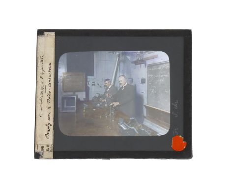 A Magic Lantern Slide of Édouard Branly with his Radio Coherer,A Magic Lantern Slide titled in ink 'le ? a P exposition Branl