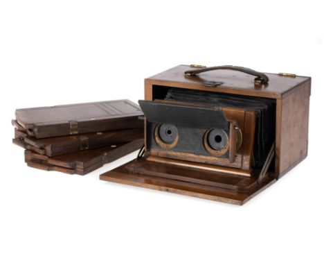 An Interesting Home-Made Mahogany Stereo Camera, 1900-1930, 6x17cm, with two unmarked rotary Waterhouse stop brass lenses, bo