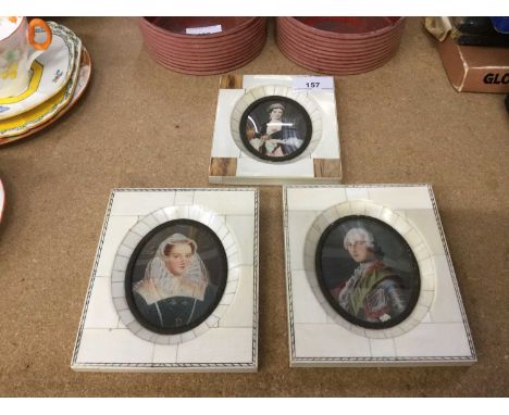 Pair of portrait miniatures together with a print of Queen Victoria in ivory frame (3)