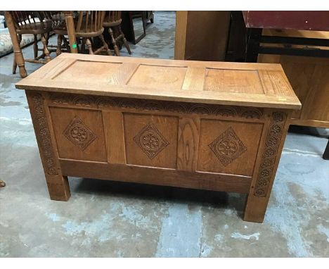 Good quality hand carved and panelled light oak coffer by Vernon Hale who carved the church furnishings at Hertford's All Sai